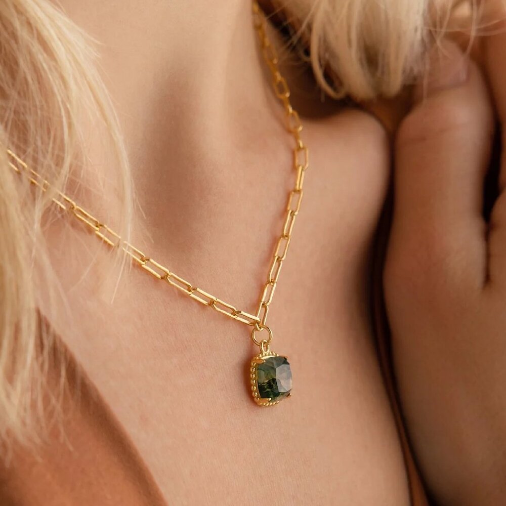 Caitlyn Minimalist Square Agate Green Pendant Paperclip Link Chain Necklace